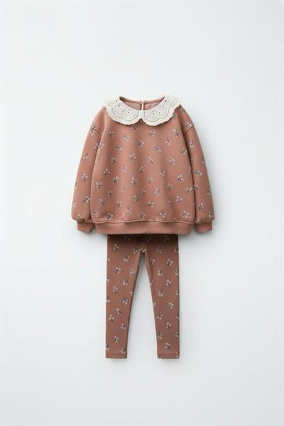 Kız Çocuk Pamuklu Kiremit Çiçek Desenli Dantel Yaka Sweatshirt & Tayt Takım