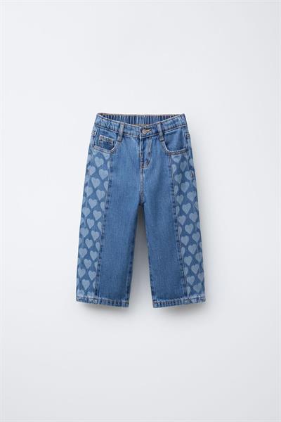 Kız Çocuk Mavi Kalp Desenli Denim Pantolon