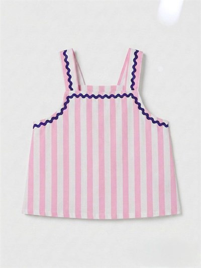 Kız Çocuk Keten Pembe Çizgili Askılı Bluz Pantolon Takım