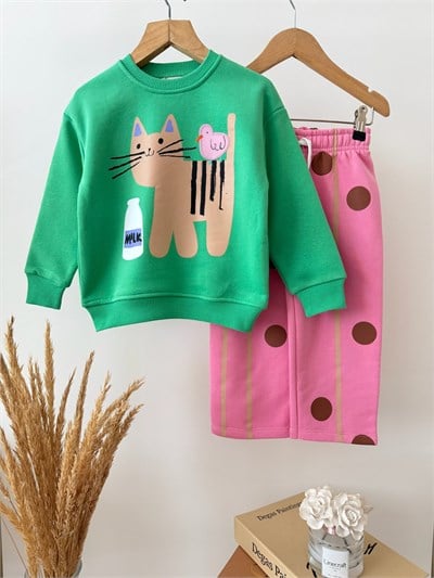 Çocuk Pamuklu Kedi Baskılı Yeşil Sweatshirt ve Puantiyeli Pembe Eşofman Takımı