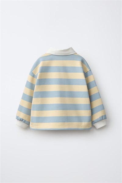 Çocuk Pamuklu Ayıcık Nakışlı Mavi Çizgili Polo Yaka Sweatshirt