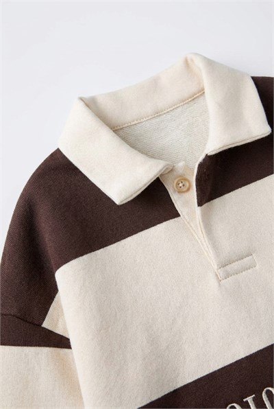 Çocuk Pamuklu Ayıcık Kahverengi Çizgili Polo Yaka Sweatshirt