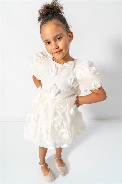 Kız Çocuk Pamuklu Ekru 3D Gül Detaylı Kabarık Elbise - Özel Gün ve Parti Stili