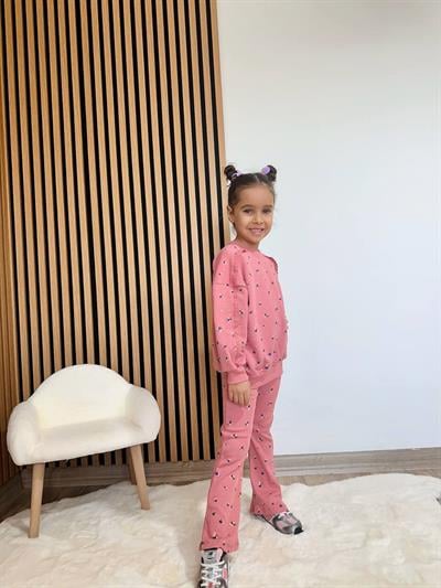 Kız Çocuk Pamuklu Gül Kurusu Mini Çiçek Desenli Sweatshirt & Flare Eşofman Takım