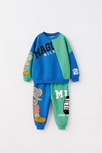 Çocuk Magu ve Milo Baskılı Mavi Yeşil Sweatshirt ve Eşofman Altı Takımı