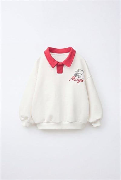 Çocuk Pamuklu Magu Fil Nakışlı Kırmızı Polo Yaka Ekru Sweatshirt