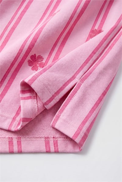 Kız Çocuk Pembe Çizgili Çiçek Desenli Sweatshirt ve Eşofman Takımı