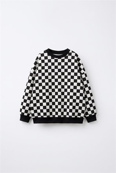 Çocuk Pamuklu Dama Desenli Siyah Beyaz Sweatshirt