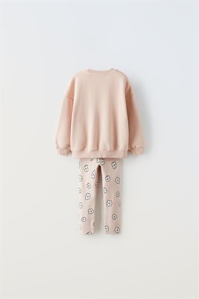 Kız Çocuk Pamuklu Pudra Slogan Baskılı Sweatshirt Çiçek Desenli Tayt Takım