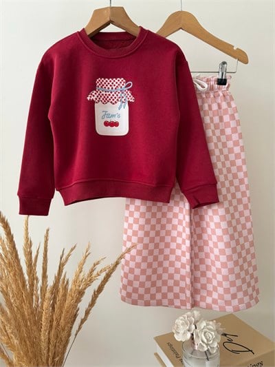 Kız Çocuk Pamuklu Baskılı Bordo Sweatshirt ve Eşofman Takımı