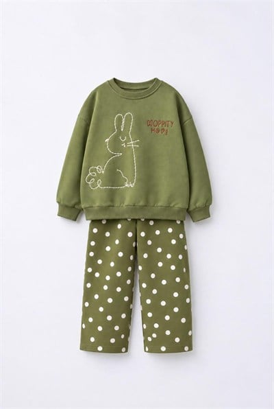 Kız Çocuk Pamuklu Tavşan Baskılı Sweatshirt ve Desenli Eşofman Takımı