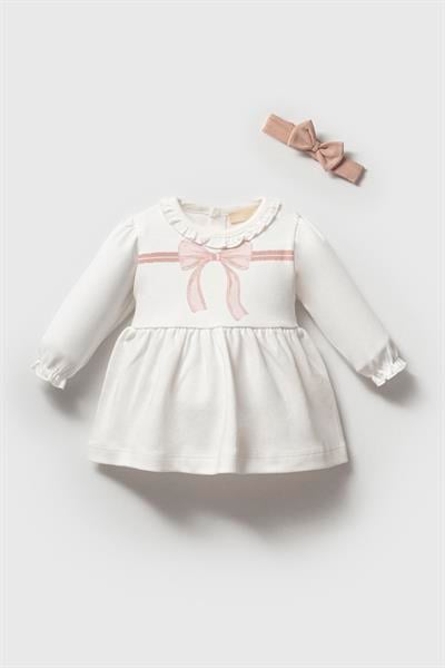 Kız Çocuk Pamuklu Ekru Fiyonklu Uzun Kollu Elbise ve Saç Bandı Takımı - Rahat ve Şık