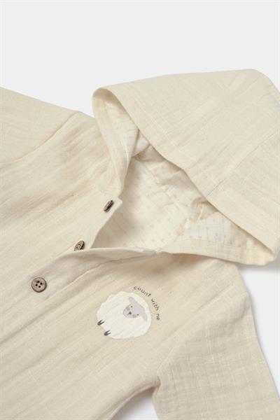 Unisex Bebek Organik Pamuklu Ekru Müslin Kapüşonlu Ceket ve Pantolon Takım – Koyun Nakış Detaylı