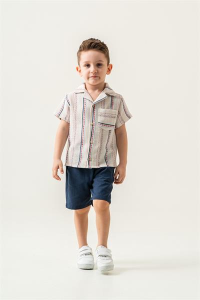 Erkek Çocuk Müslin İki Parçalı Takım Çizgili Kısa Kollu Gömlek & Şort, Yazlık ve Nefes Alabilen Kumaş
