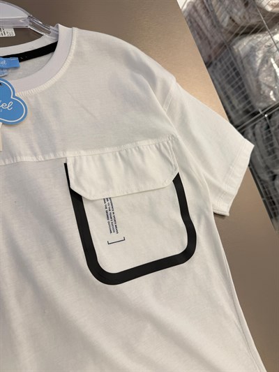 Erkek Çocuk Pamuklu Cep Detaylı Beyaz Oversize T-shirt