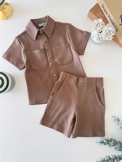 Erkek Çocuk Kahverengi Oversize Gömlek Şort Takım