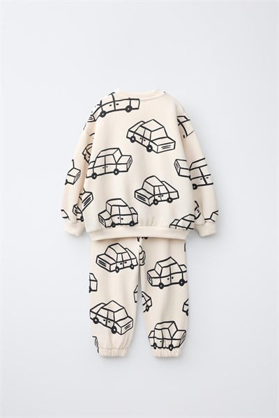 Çocuk Pamuklu Araba Desenli Ekru Sweatshirt ve Eşofman Altı Takımı