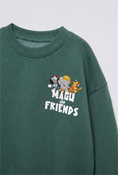Çocuk Pamuklu Magu Friends Baskılı Yeşil Sweatshirt ve Eşofman Altı Takımı