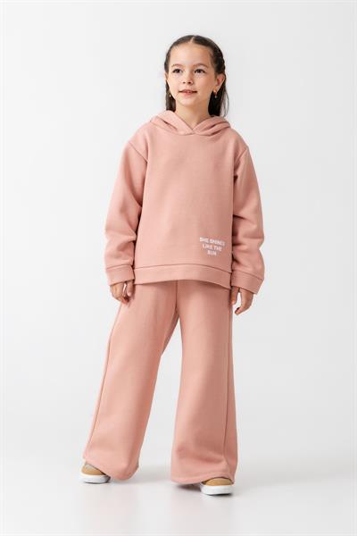 Kız Çocuk Pamuklu Pudra Kapüşonlu Sweatshirt ve Bol Paça Eşofman Takım