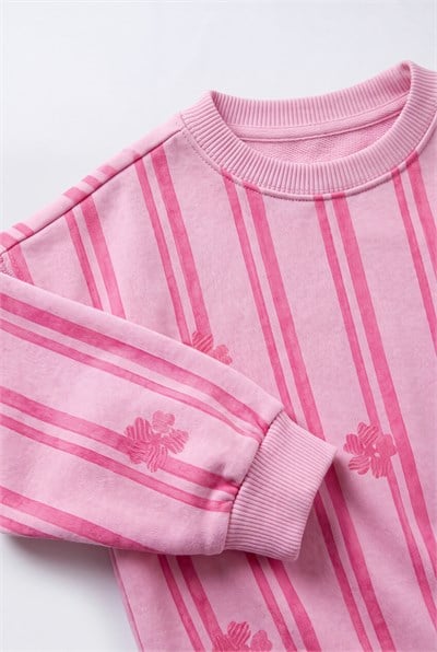 Kız Çocuk Pembe Çizgili Çiçek Desenli Sweatshirt ve Eşofman Takımı