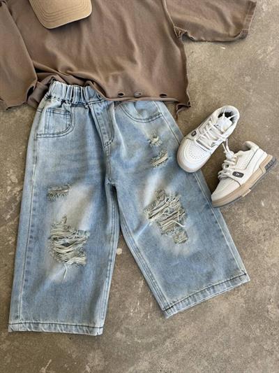 Kız Çocuk Baggy Fit Kot Vintage Yırtık Detaylı Pantolon
