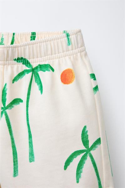 Unisex Çocuk Pamuklu Ekru Palmiye Desenli T-shirt ve Şort Takım