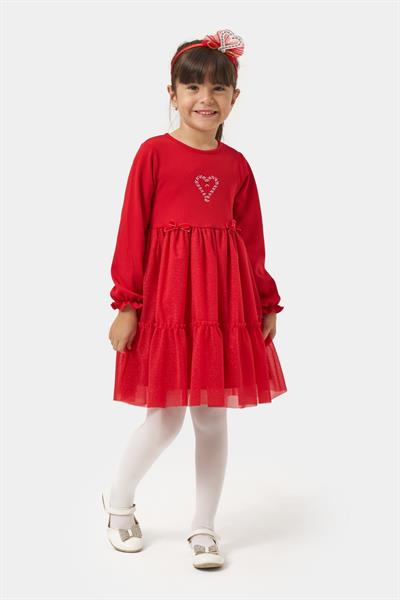 Kız Çocuk Pamuklu Kırmızı Baston Şeker Kalp Desenli Tüllü Elbise - Fırfırlı Parıltılı Etek Detaylı