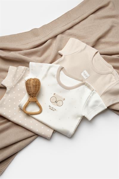 Unisex Bebek Pamuklu Bej Ekru 3lü Baskılı Çıtçıtlı Body Seti - Kısa Kollu