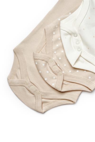 Unisex Bebek Pamuklu Bej Ekru 3lü Baskılı Çıtçıtlı Body Seti - Kısa Kollu