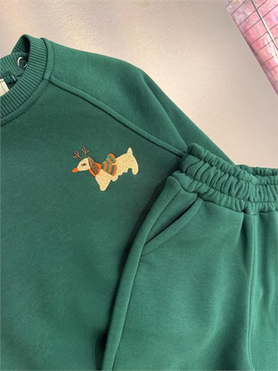 Bebek Pamuklu Köpek Nakışlı Yeşil Sweatshirt ve Eşofman Altı Takımı