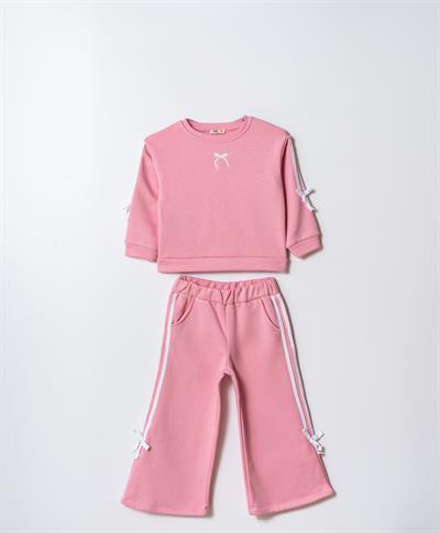 Kız Çocuk Pamuklu Pembe Fiyonk Detaylı Sweatshirt ve Şeritli Eşofman Takım