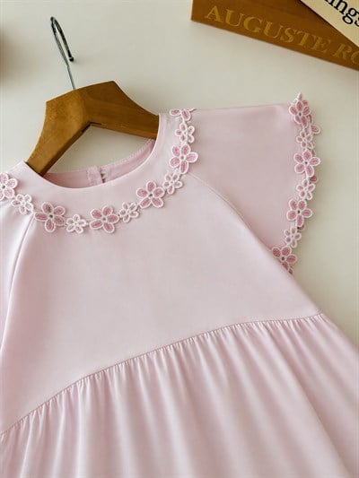 Kız Çocuk Pamuklu Pembe Çiçek Güpür Detaylı Elbise