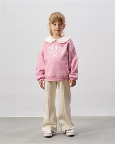 Kız Çocuk Pamuklu Pembe Paris Baskılı Dantel Yaka Sweatshirt Ekru Pantolon Takım