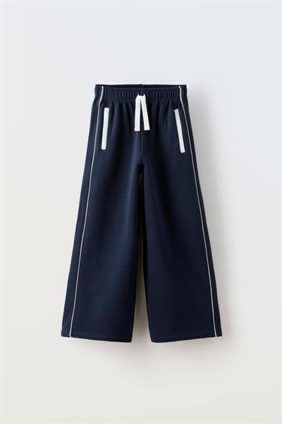 Kız Çocuk Pamuklu Lacivert-Beyaz Paris League Yazılı Eşofman Takımı - Kontrast Şeritli Geniş Paça