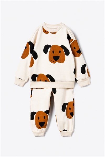 Çocuk Pamuklu Köpek Desenli Ekru Sweatshirt ve Eşofman Altı Takımı