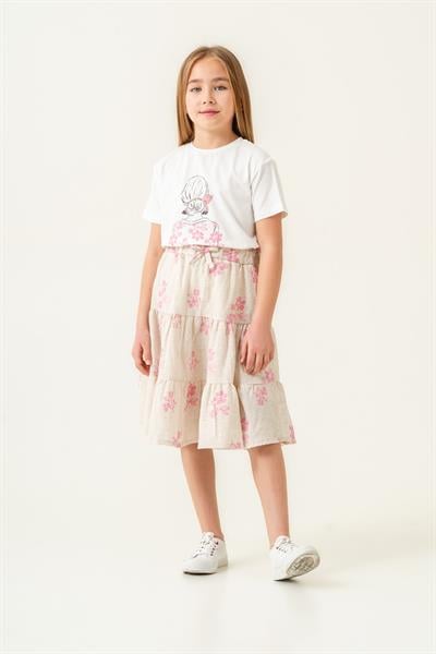 Kız Çocuk Pamuklu Çiçek Desenli T-shirt ve Etek Takım