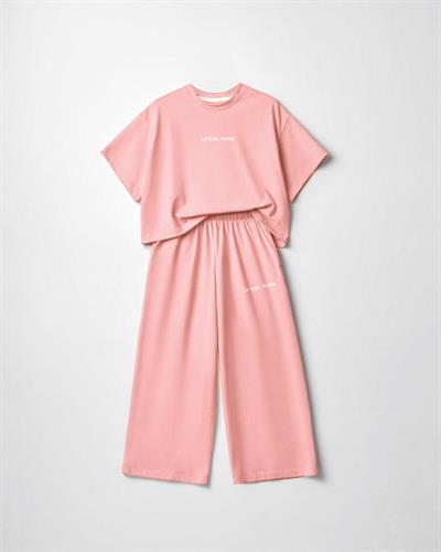 Kız Çocuk Pamuklu Pembe Baskılı T-Shirt Pantolon Takım - Bol Kesim Rahat Set