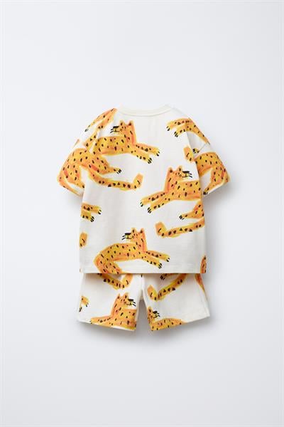 Erkek Çocuk Pamuklu Ekru Aslan Desenli Yazlık Şortlu T-shirt Takım