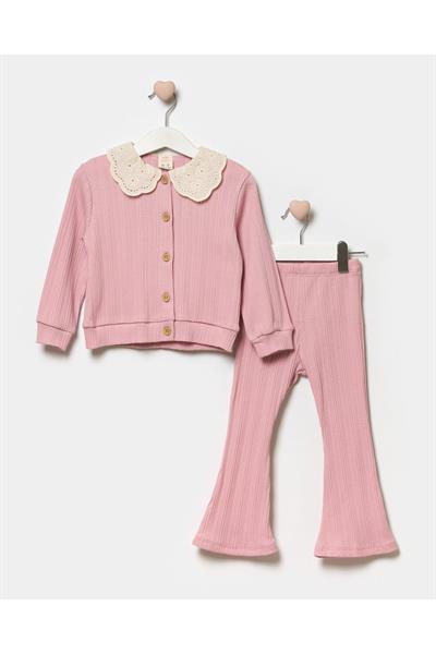 Kız Bebek Bebe Yaka Düğmeli Pamuklu Ceket İspanyol Tayt Alt-Üst Takım