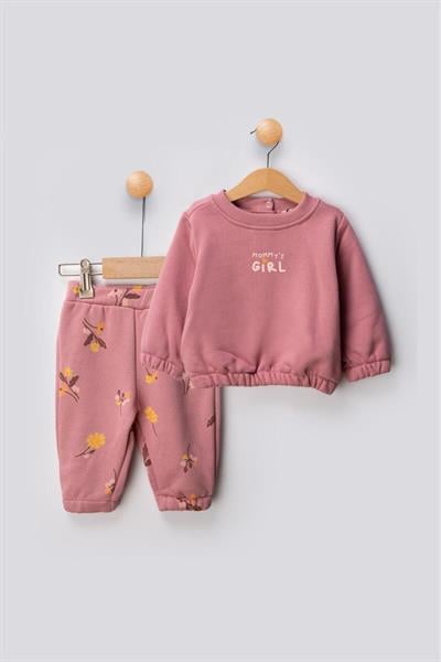Kız Bebek Çiçek Desenli Pamuklu Sweatshirt Eşofman Alt-Üst Takım