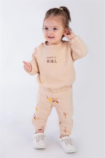 Kız Bebek Çiçek Desenli Pamuklu Sweatshirt Eşofman Alt-Üst Takım