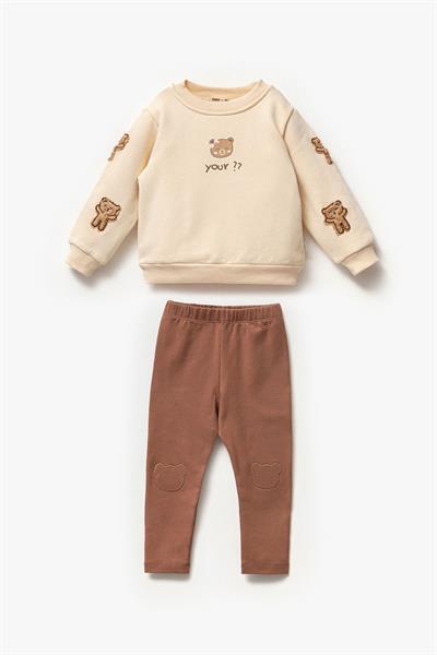Kız Çocuk Ayıcık Teddy Aplikeli Pamuklu Sweatshirt İspanyol Tayt Alt-Üst Takım