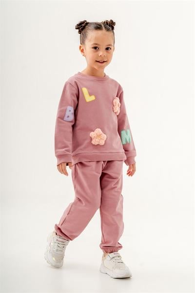 Kız Çocuk Blom Pembe Kabartma Çiçek Pamuklu Sweatshirt Eşofman Alt-Üst Takım