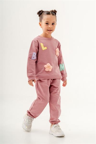 Kız Çocuk Blom Pembe Kabartma Çiçek Pamuklu Sweatshirt Eşofman Alt-Üst Takım
