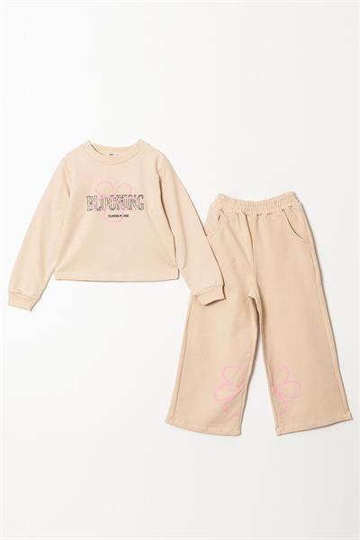 Kız Çocuk Çiçek Desenli Pamuklu Sweatshirt İspanyol Eşofman Alt-Üst Takım