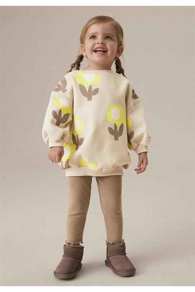 Kız Çocuk Çiçek Desenli Pamuklu Sweatshirt Çizgili Tayt Alt-Üst Takım