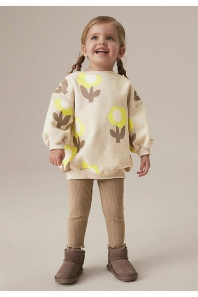Kız Çocuk Çiçek Desenli Pamuklu Sweatshirt Çizgili Tayt Alt-Üst Takım