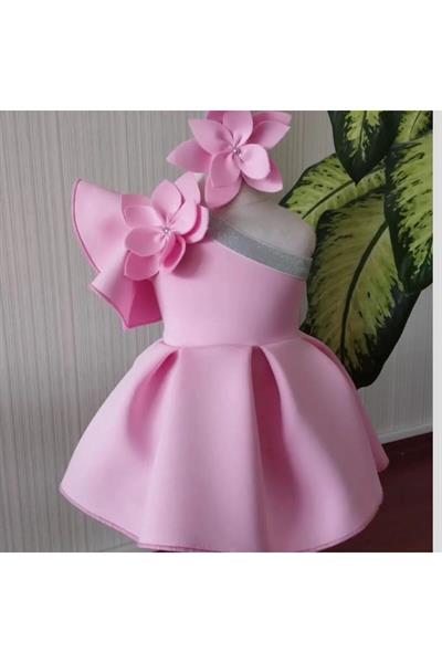 Kız Çocuk Dalgıç Kumaş Pembe Çiçekli Bandalı Tek Omuz Elbise