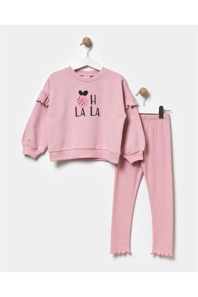 Kız Çocuk Kışlık Pamuklu Fırfırlı Sweatshirt Fitili Tayt Alt-Üst Takım