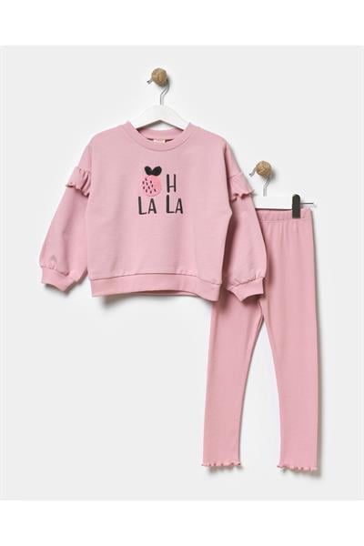 Kız Çocuk Kışlık Pamuklu Fırfırlı Sweatshirt Fitili Tayt Alt-Üst Takım